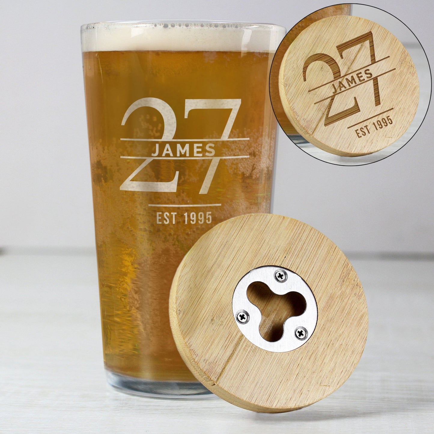 Personalised Big Age Bamboo Bottle Opener Coaster and Pint Glass Gift Set