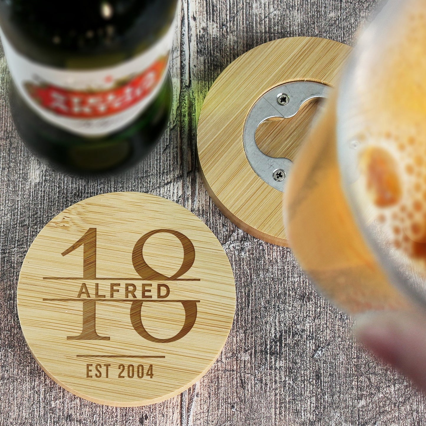 Personalised Big Age Bamboo Bottle Opener Coaster and Pint Glass Gift Set