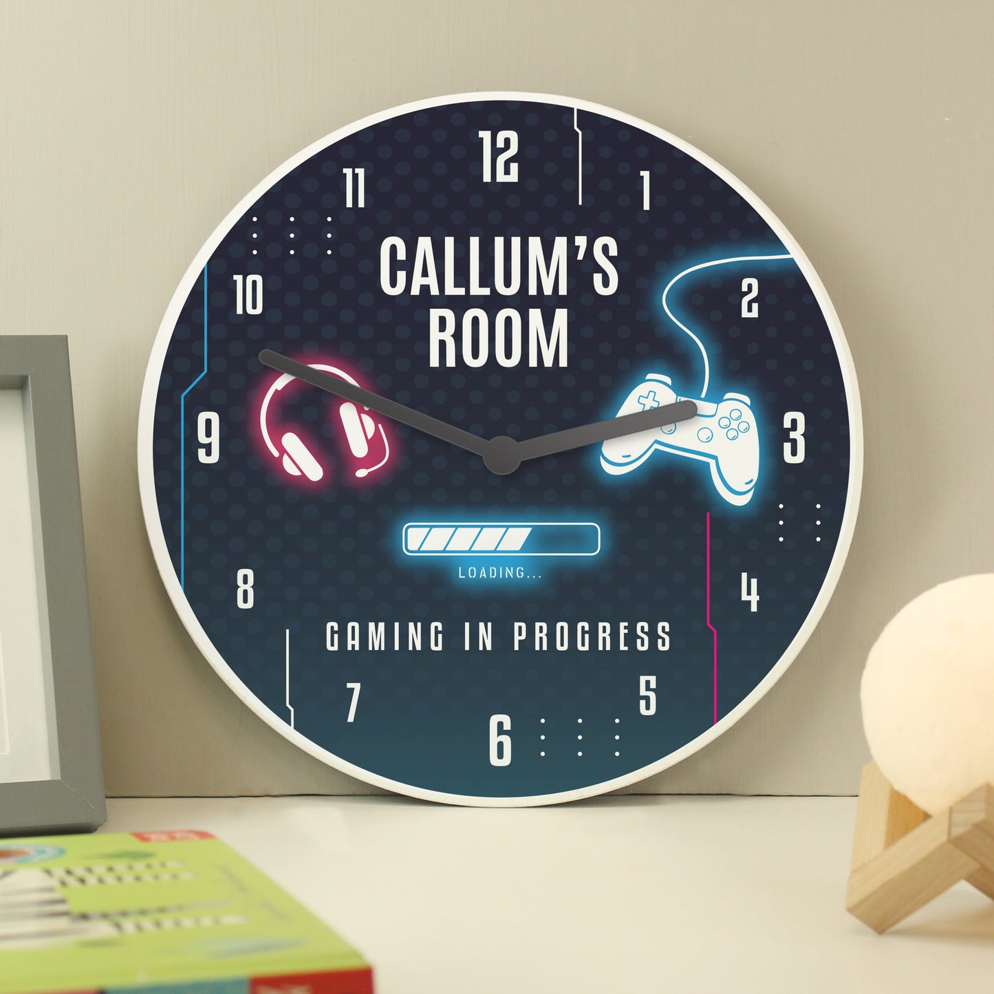 Personalised Black Silent Wooden Kids Wall Clock - Gaming