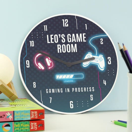 Personalised Black Silent Wooden Kids Wall Clock - Gaming