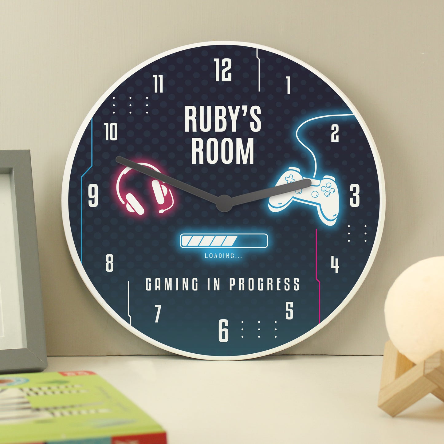 Personalised Black Silent Wooden Kids Wall Clock - Gaming