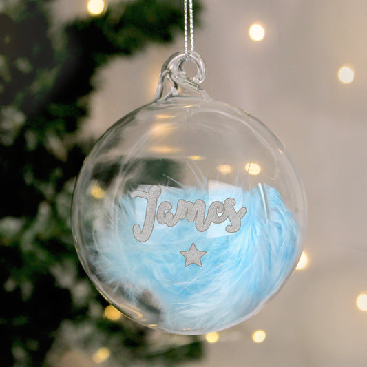 Personalised Blue Feather Silver Star Glass Bauble Christmas Tree Decor
