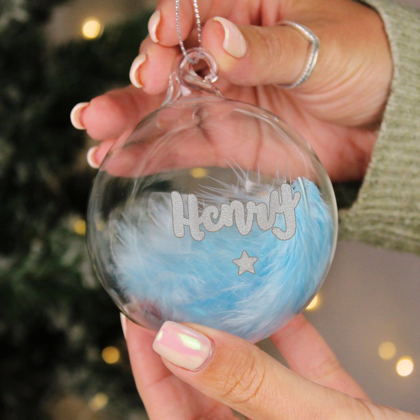 Personalised Blue Feather Silver Star Glass Bauble Christmas Tree Decor