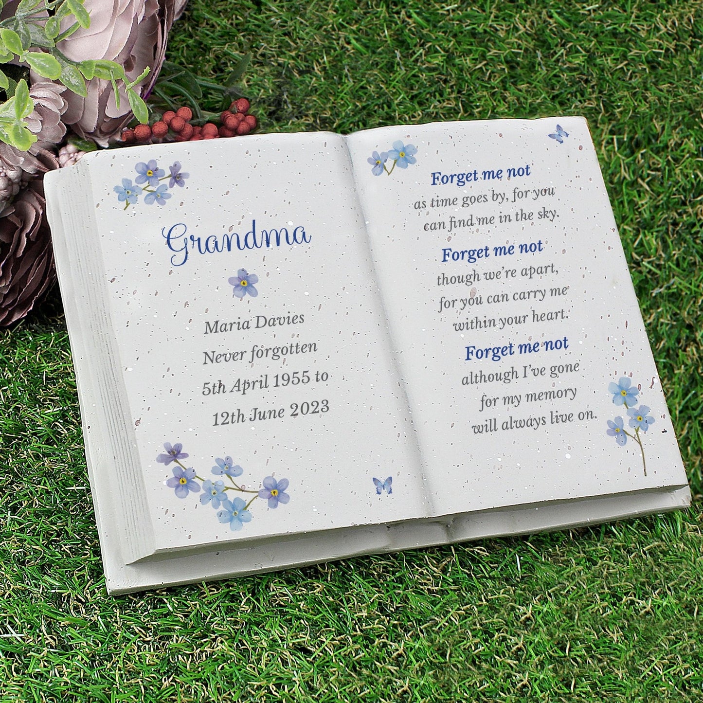 Personalised Blue Forget Me Not Memorial Book Remembrance Plaque
