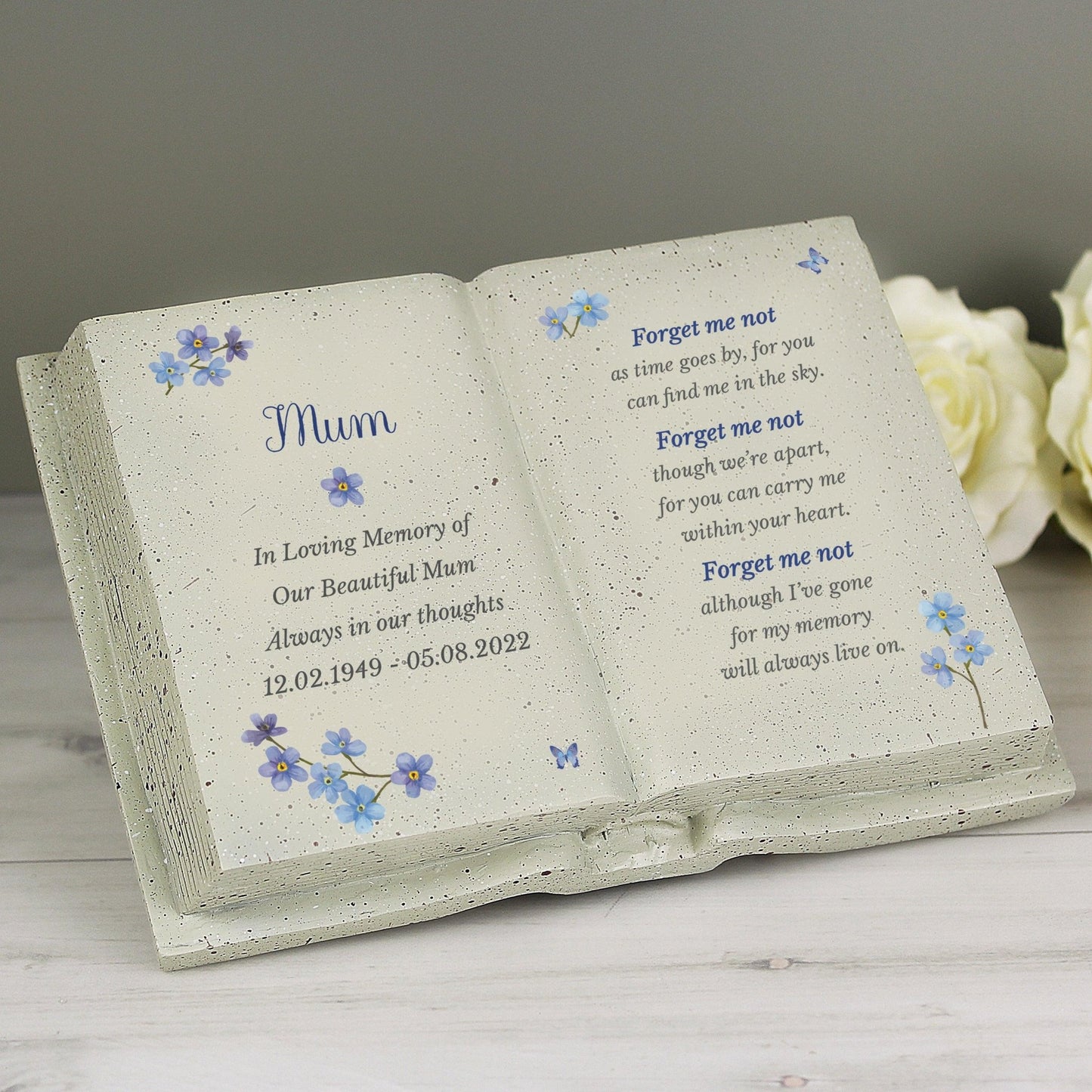 Personalised Blue Forget Me Not Memorial Book Remembrance Plaque