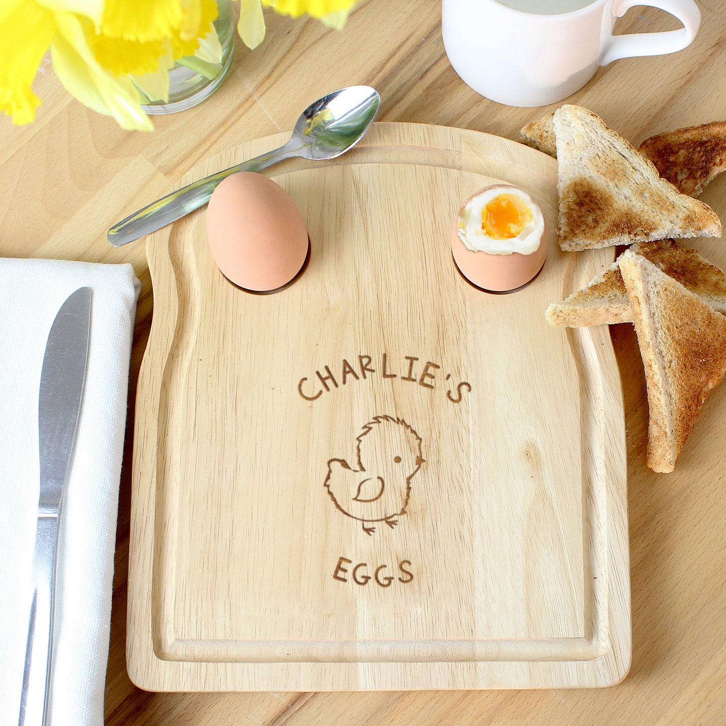 Personalised Chick Wooden Egg & Toast Breakfast Board