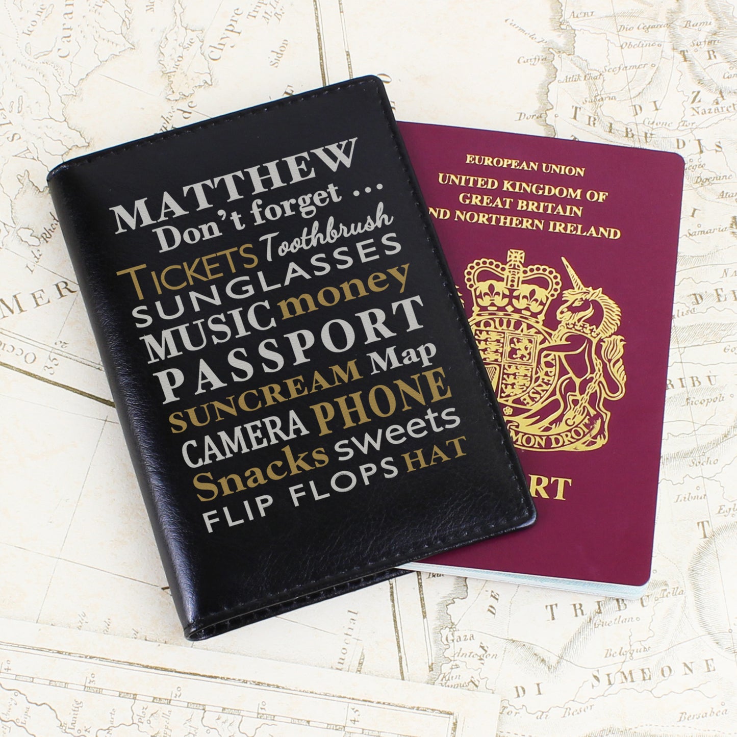 Personalised Don't Forget Travel List... Black Passport Holder