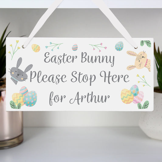 Personalised Easter Bunny Stop Here Wooden Hanging Sign
