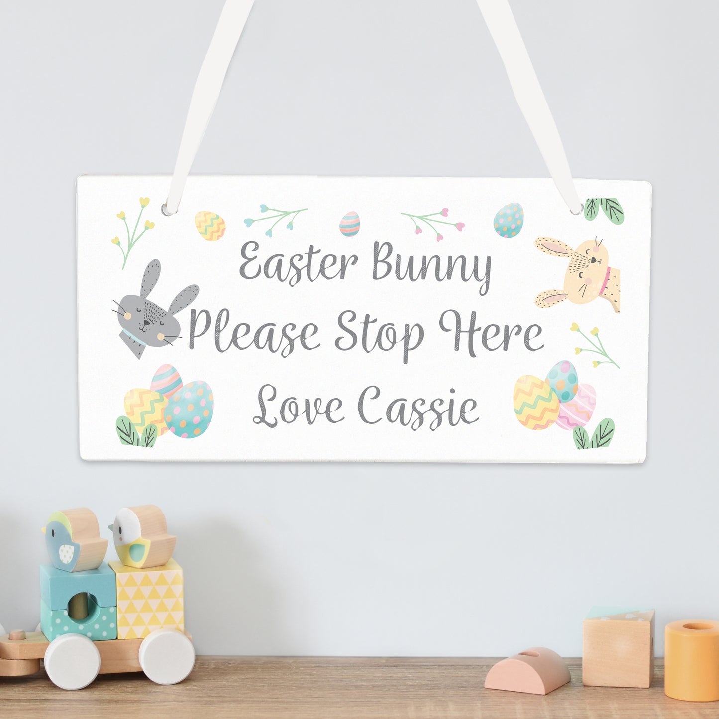 Personalised Easter Bunny Stop Here Wooden Hanging Sign