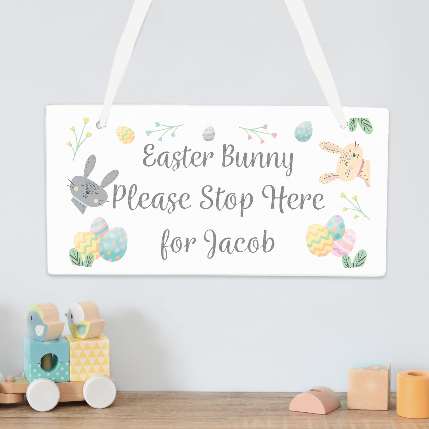 Personalised Easter Bunny Stop Here Wooden Hanging Sign