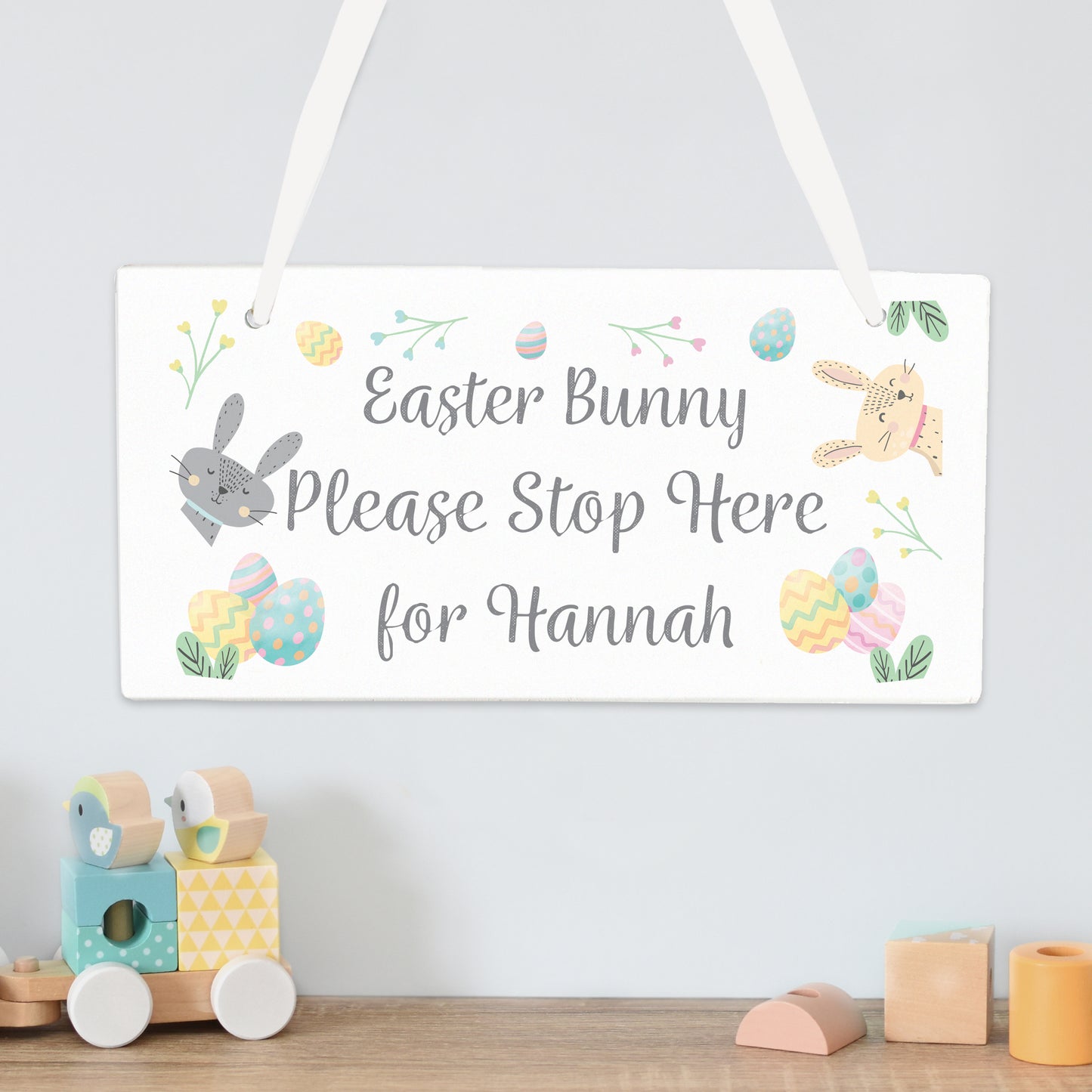 Personalised Easter Bunny Stop Here Wooden Hanging Sign