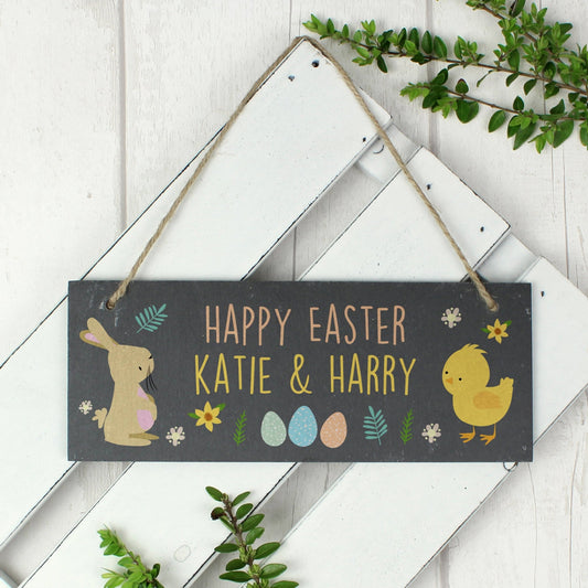 Personalised Easter Egg Hunt Bunny & Chick Slate Hanging Sign