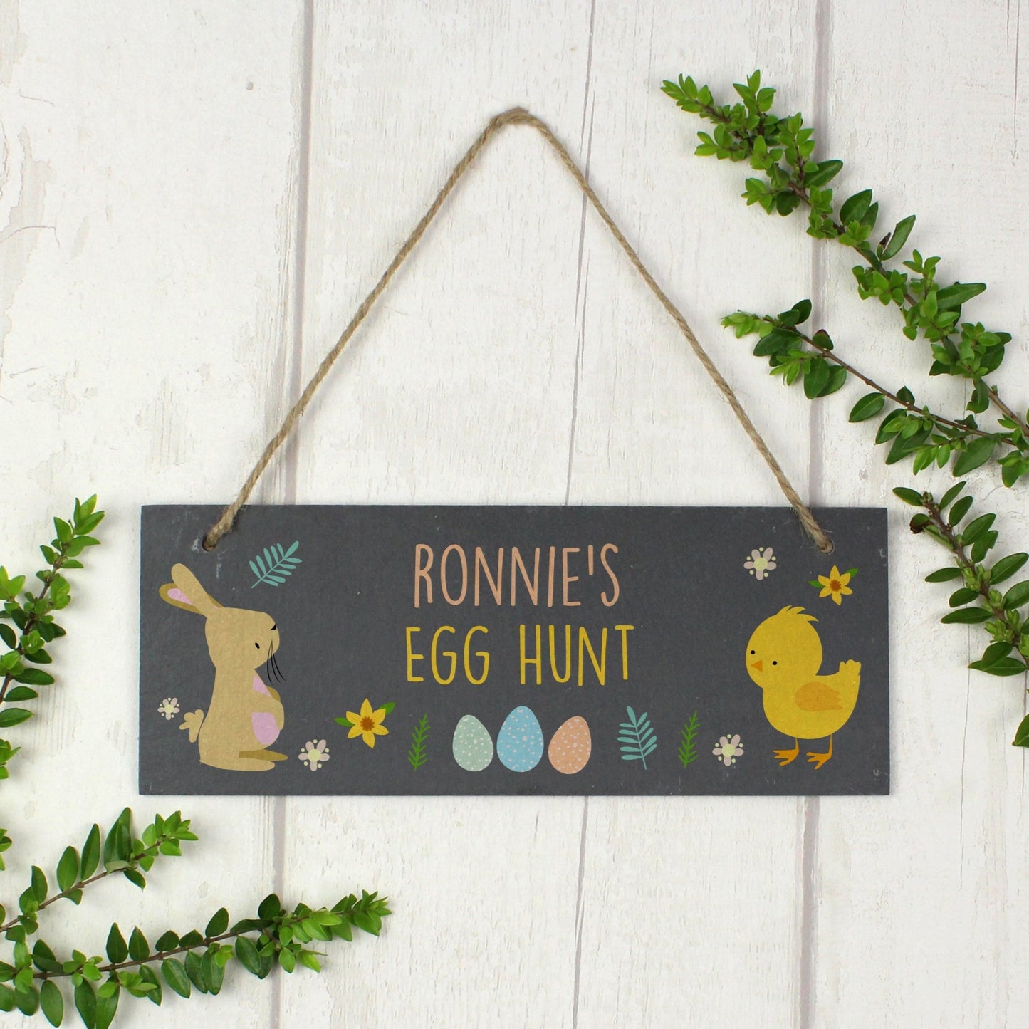 Personalised Easter Egg Hunt Bunny & Chick Slate Hanging Sign
