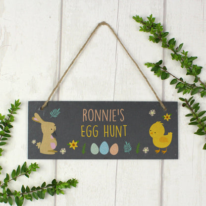 Personalised Easter Egg Hunt Bunny & Chick Slate Hanging Sign