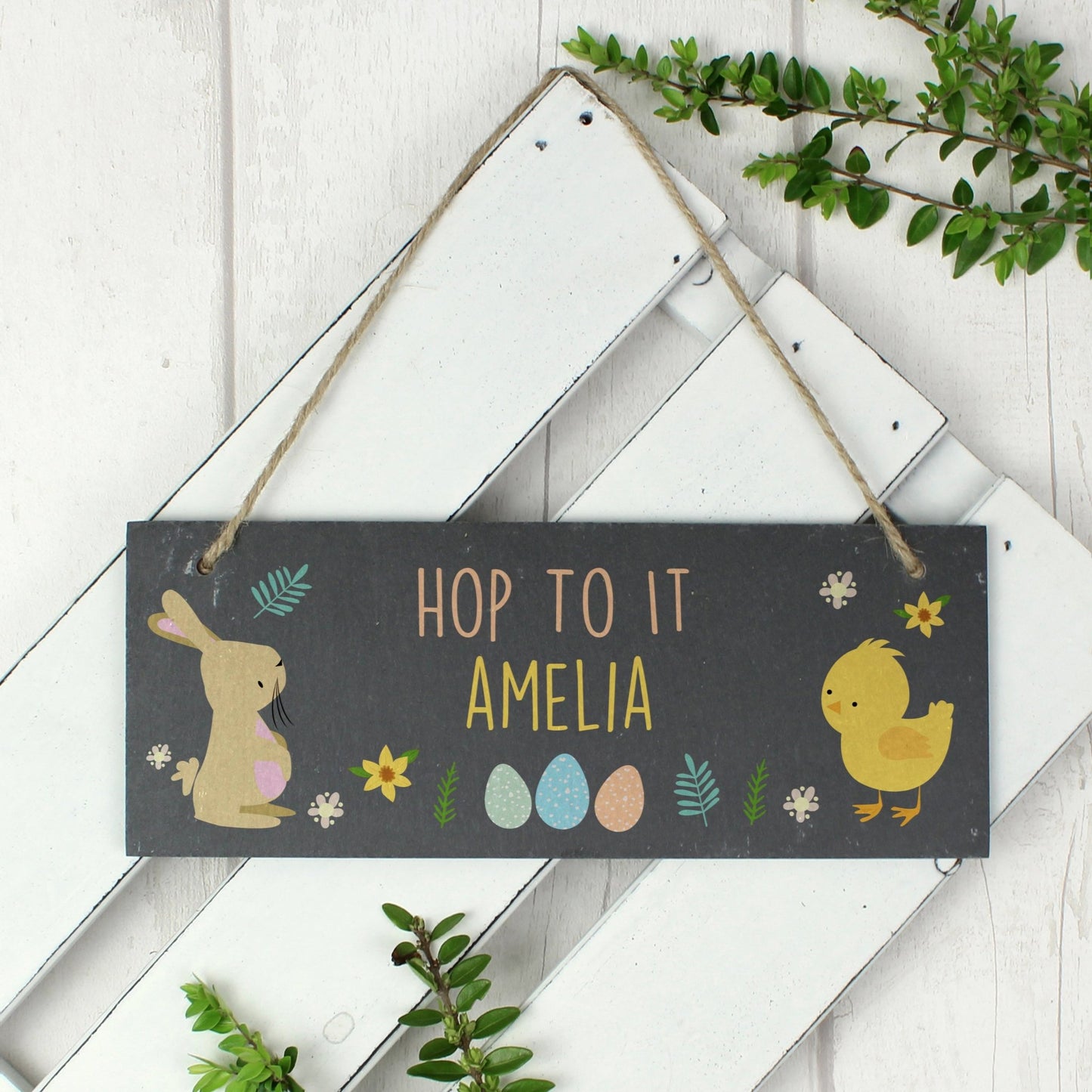 Personalised Easter Egg Hunt Bunny & Chick Slate Hanging Sign