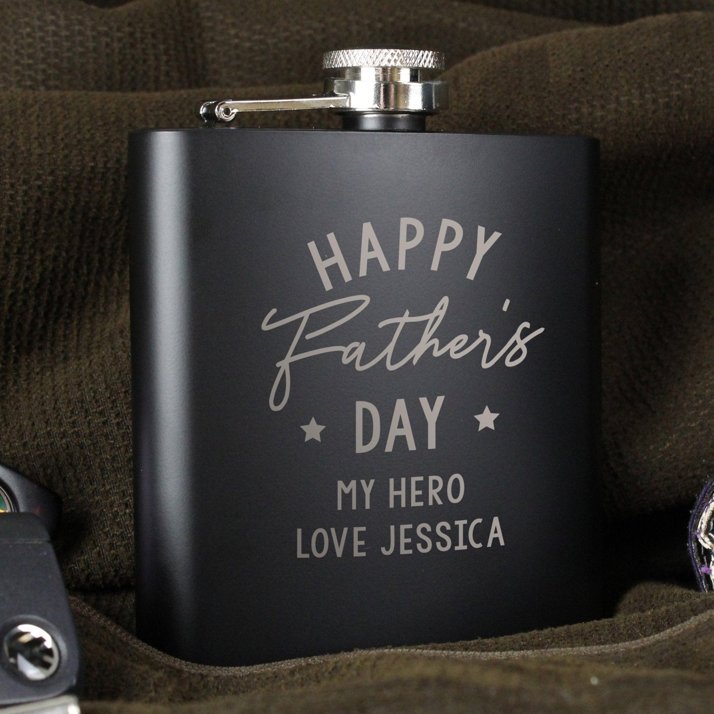Personalised Father's Day Black 6oz Hip Flask with Gift Box