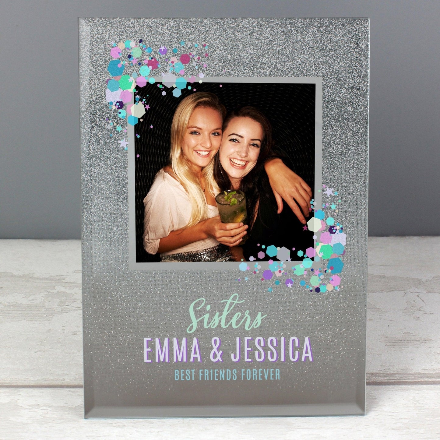 Personalised Festival Style 4x4 Silver Glitter Glass Photo Frame