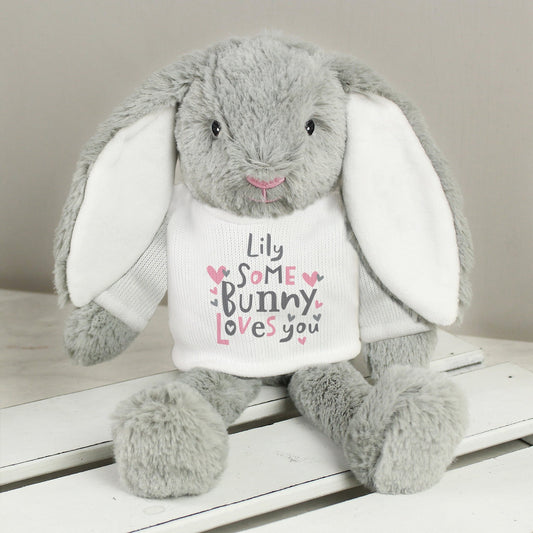 Personalised Floppy Ears Some Bunny Loves You Plush Grey Rabbit