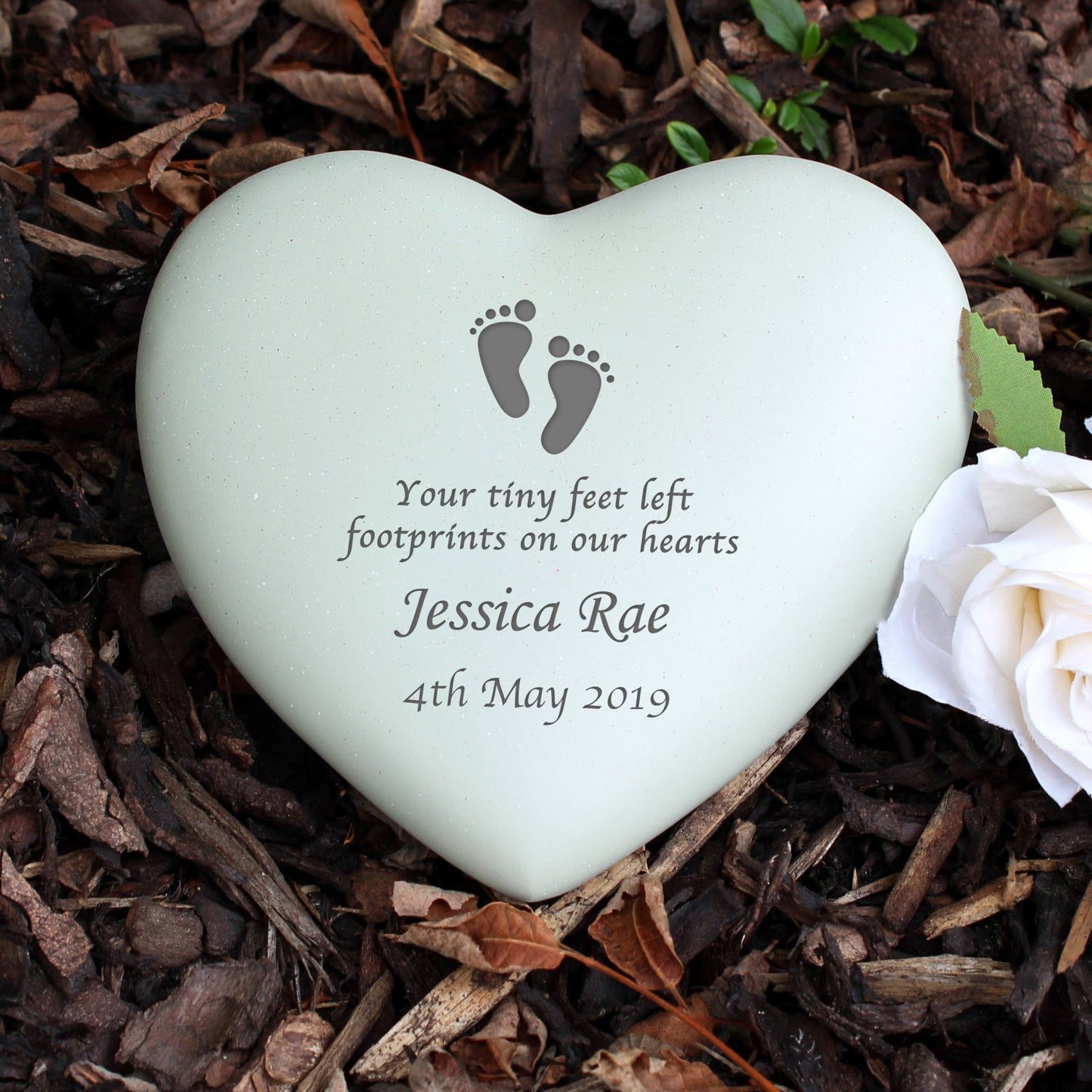 Personalised Footprints Heart Shaped Memorial Graveside Plaque