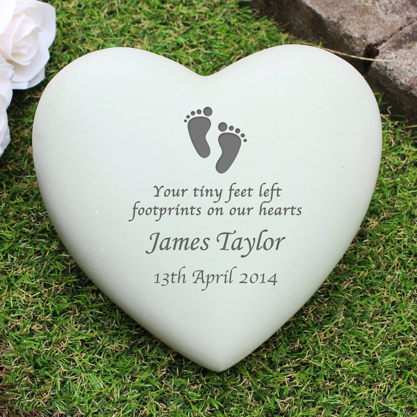 Personalised Footprints Heart Shaped Memorial Graveside Plaque