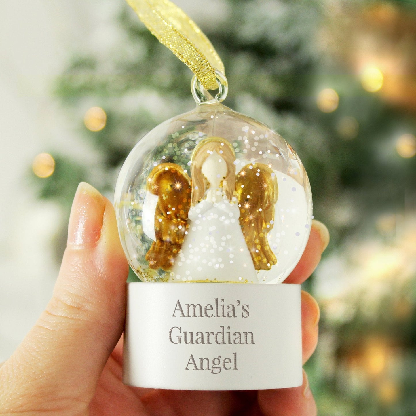 Personalised Gold Wing Angel Glitter Snow Globe Bauble Tree Decoration