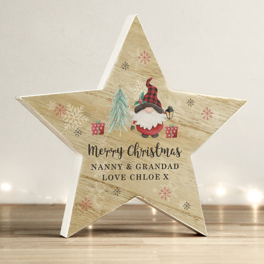 Personalised Gonk Gnome Christmas Wooden Block Star Ornament