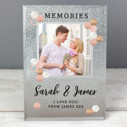 Personalised Hexagon Design 4x4 Silver Glitter Glass Photo Frame