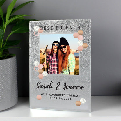 Personalised Hexagon Design 4x4 Silver Glitter Glass Photo Frame