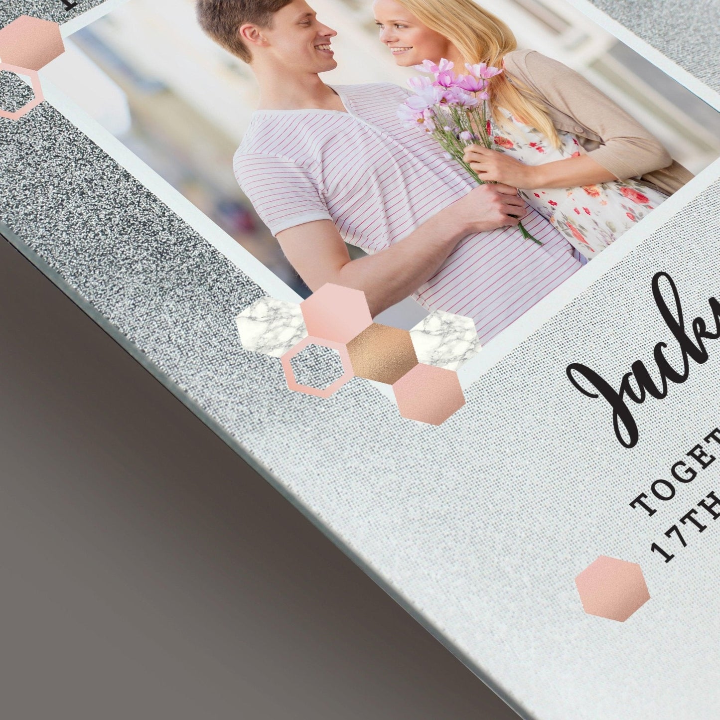 Personalised Hexagon Design 4x4 Silver Glitter Glass Photo Frame