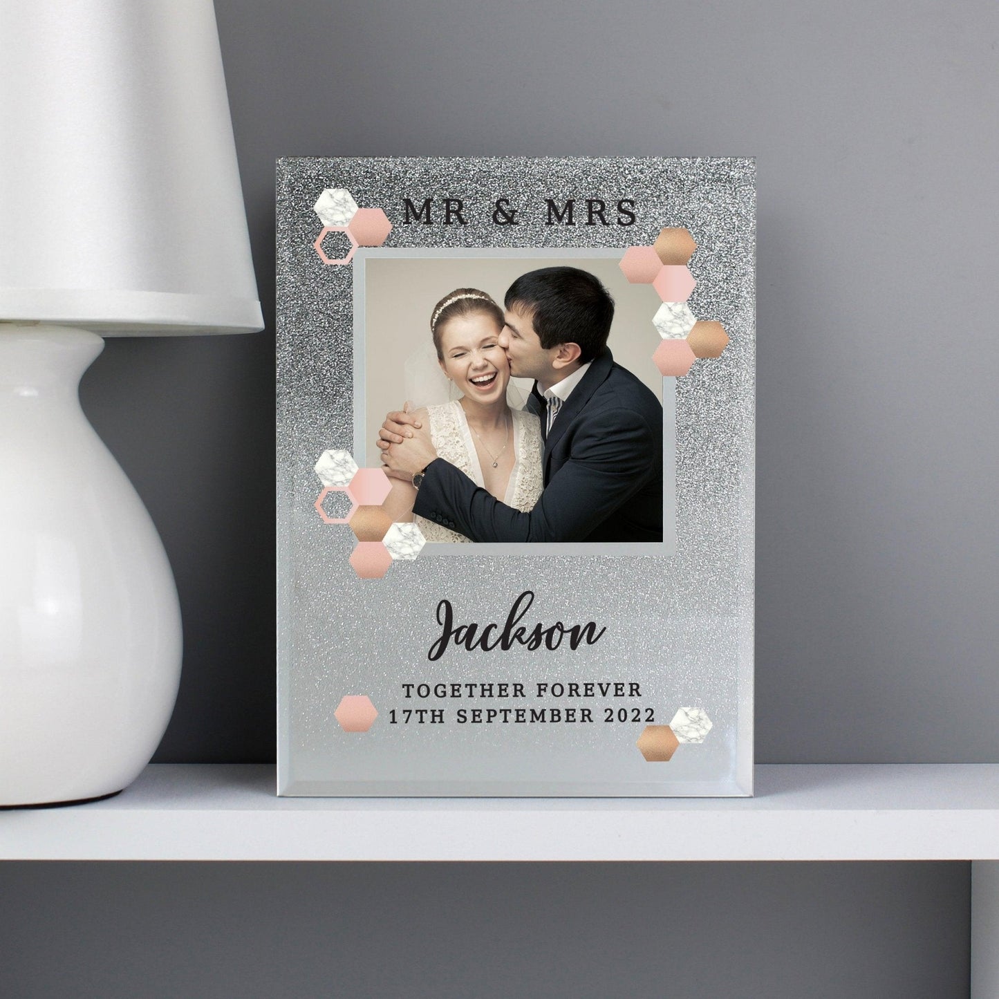 Personalised Hexagon Design 4x4 Silver Glitter Glass Photo Frame