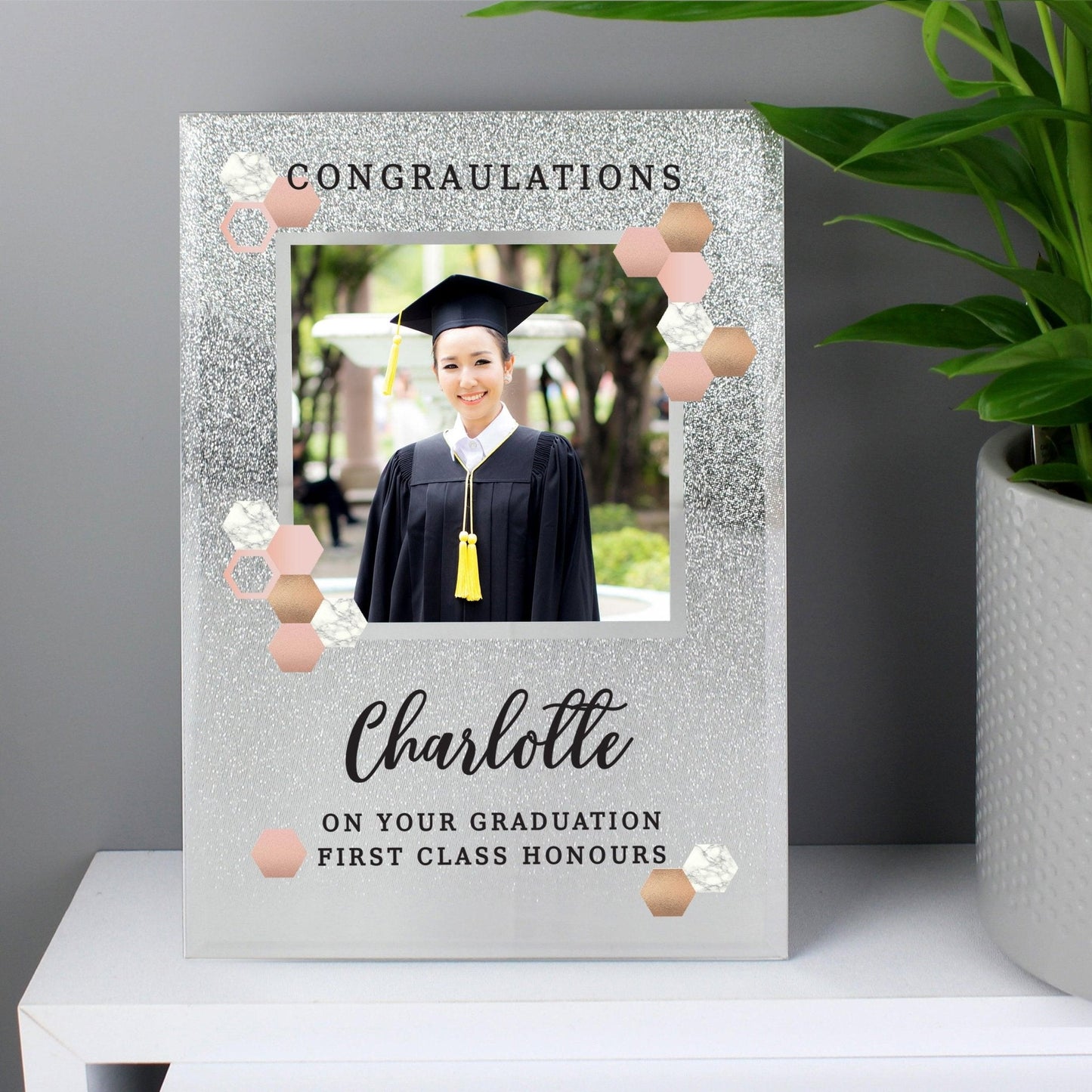 Personalised Hexagon Design 4x4 Silver Glitter Glass Photo Frame