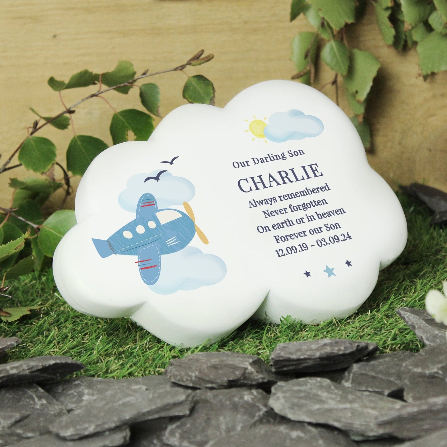 Personalised Kids Memorial Cloud Graveside Plaque - Blue Plane