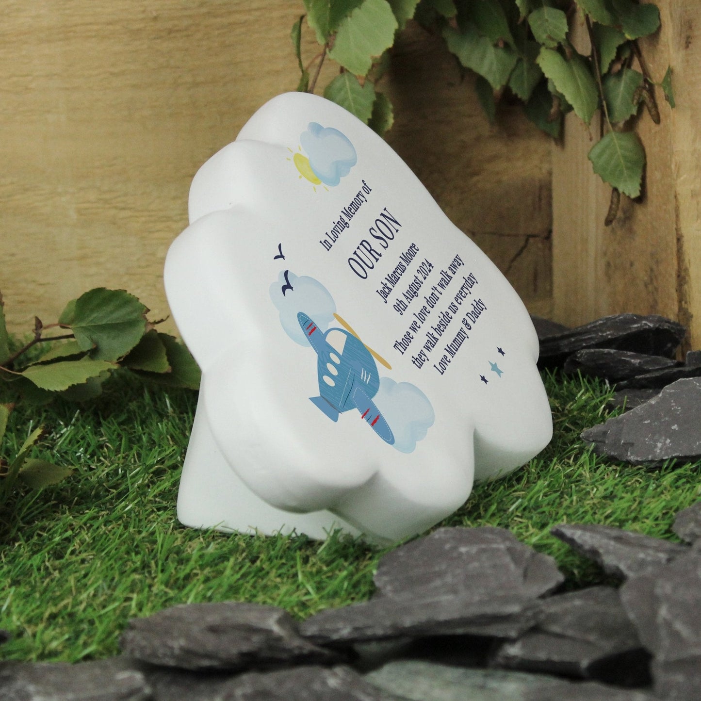 Personalised Kids Memorial Cloud Graveside Plaque - Blue Plane