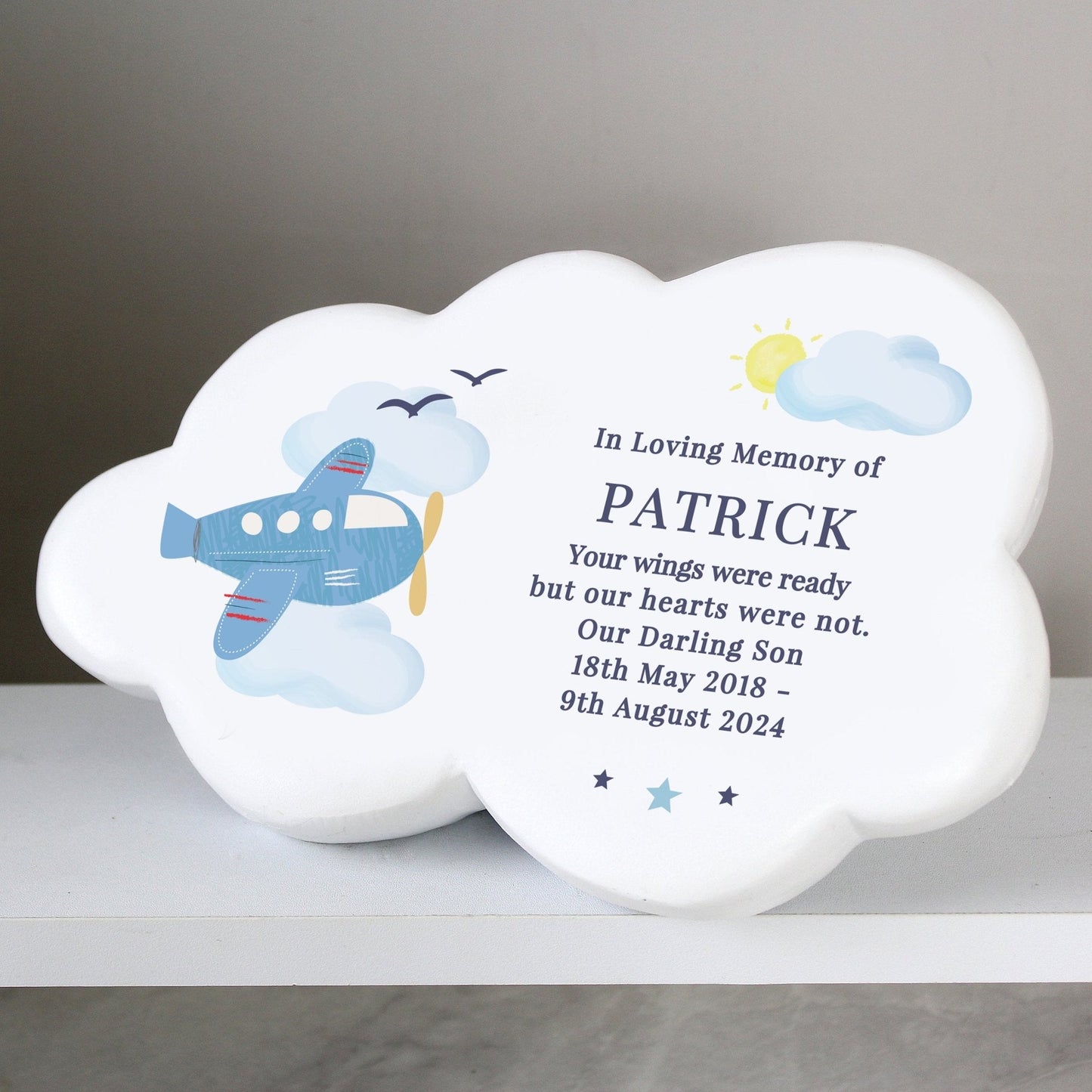 Personalised Kids Memorial Cloud Graveside Plaque - Blue Plane
