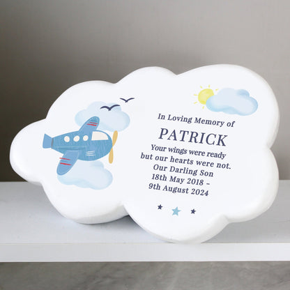 Personalised Kids Memorial Cloud Graveside Plaque - Blue Plane