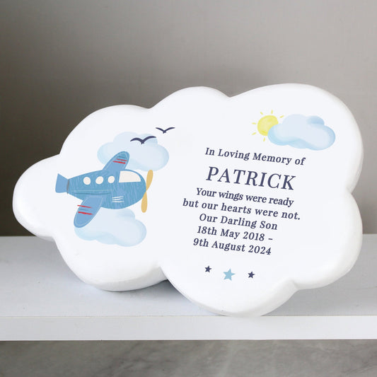Personalised Kids Memorial Cloud Graveside Plaque - Blue Plane