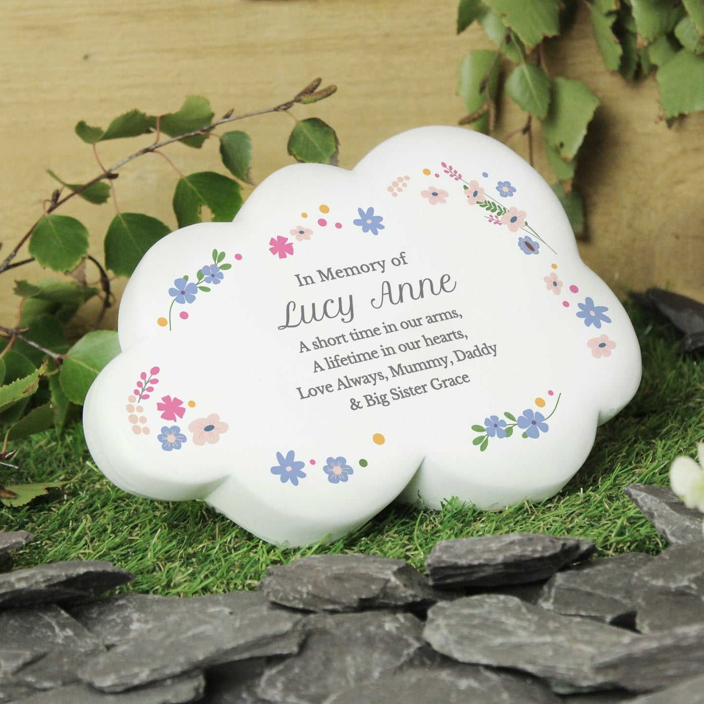 Personalised Kids Memorial Cloud Graveside Plaque - Floral Design