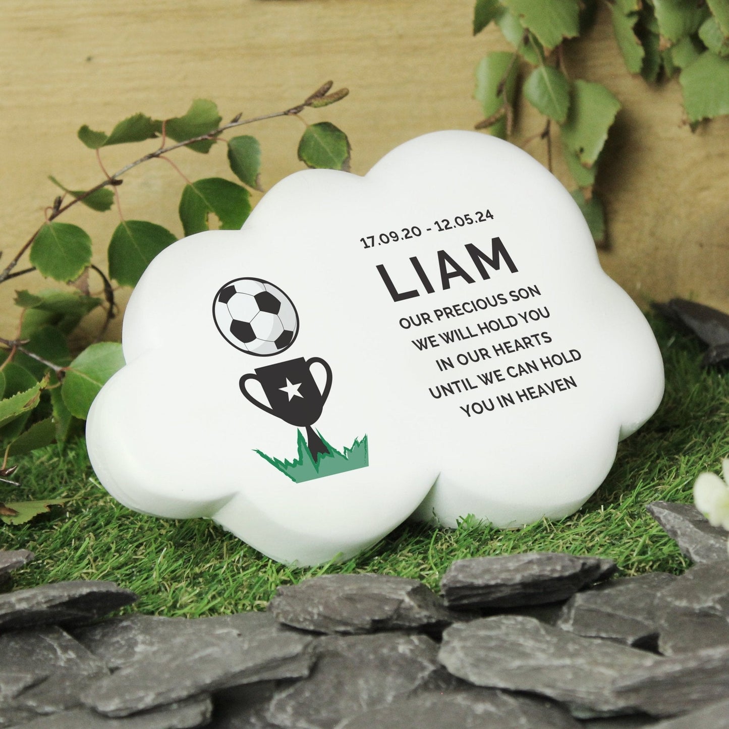 Personalised Kids Memorial Cloud Graveside Plaque - Football Trophy Cup