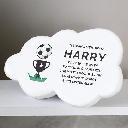 Personalised Kids Memorial Cloud Graveside Plaque - Football Trophy Cup