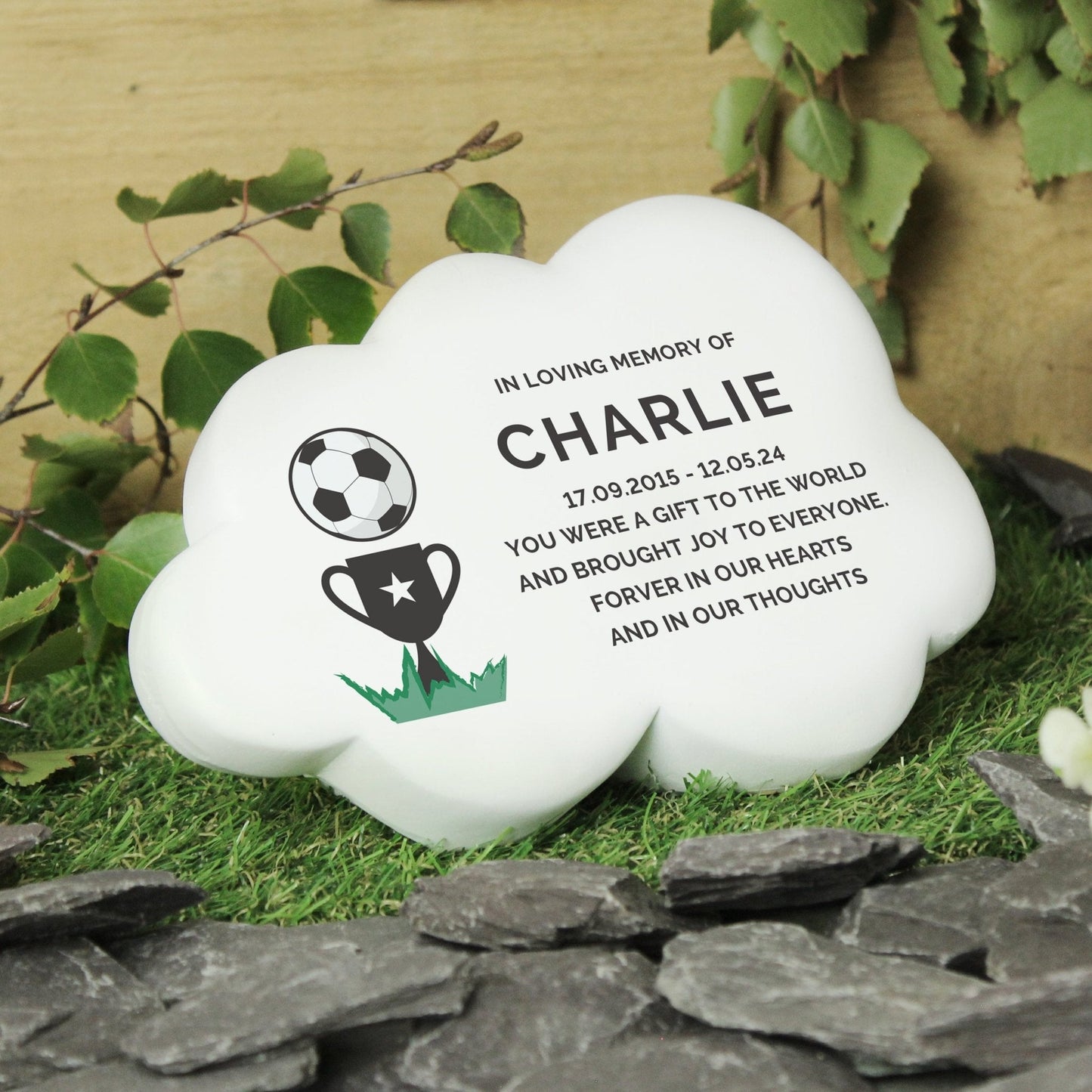 Personalised Kids Memorial Cloud Graveside Plaque - Football Trophy Cup