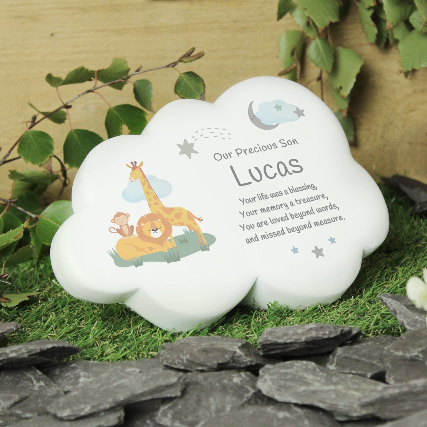 Personalised Kids Memorial Cloud Graveside Plaque - Jungle Animals