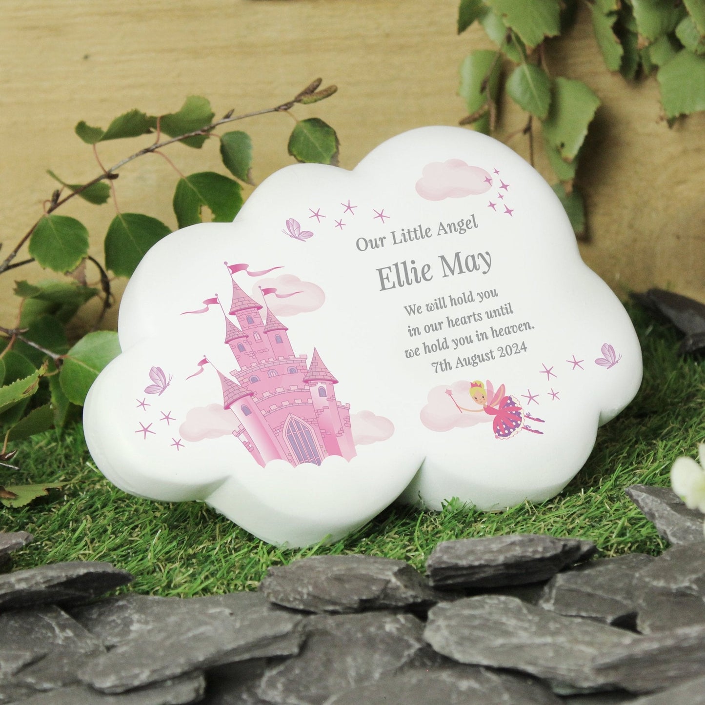 Personalised Kids Memorial Cloud Graveside Plaque - Pink Fairy & Castle