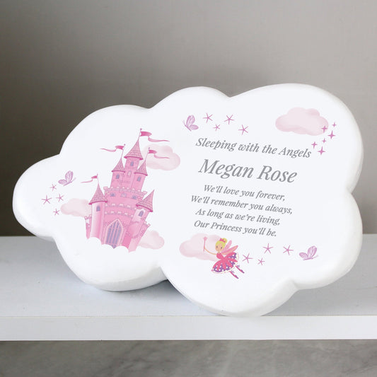 Personalised Kids Memorial Cloud Graveside Plaque - Pink Fairy & Castle