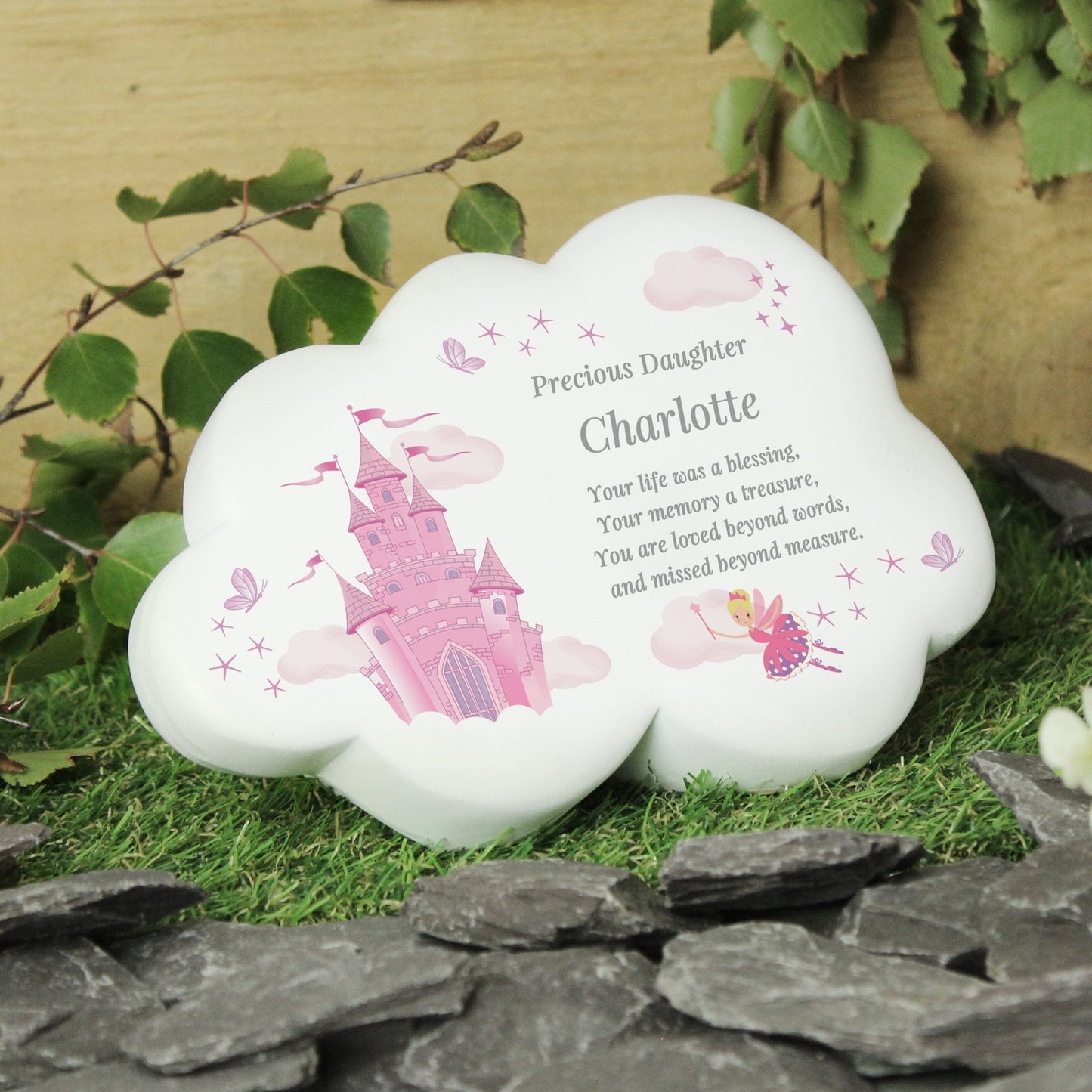 Personalised Kids Memorial Cloud Graveside Plaque - Pink Fairy & Castle