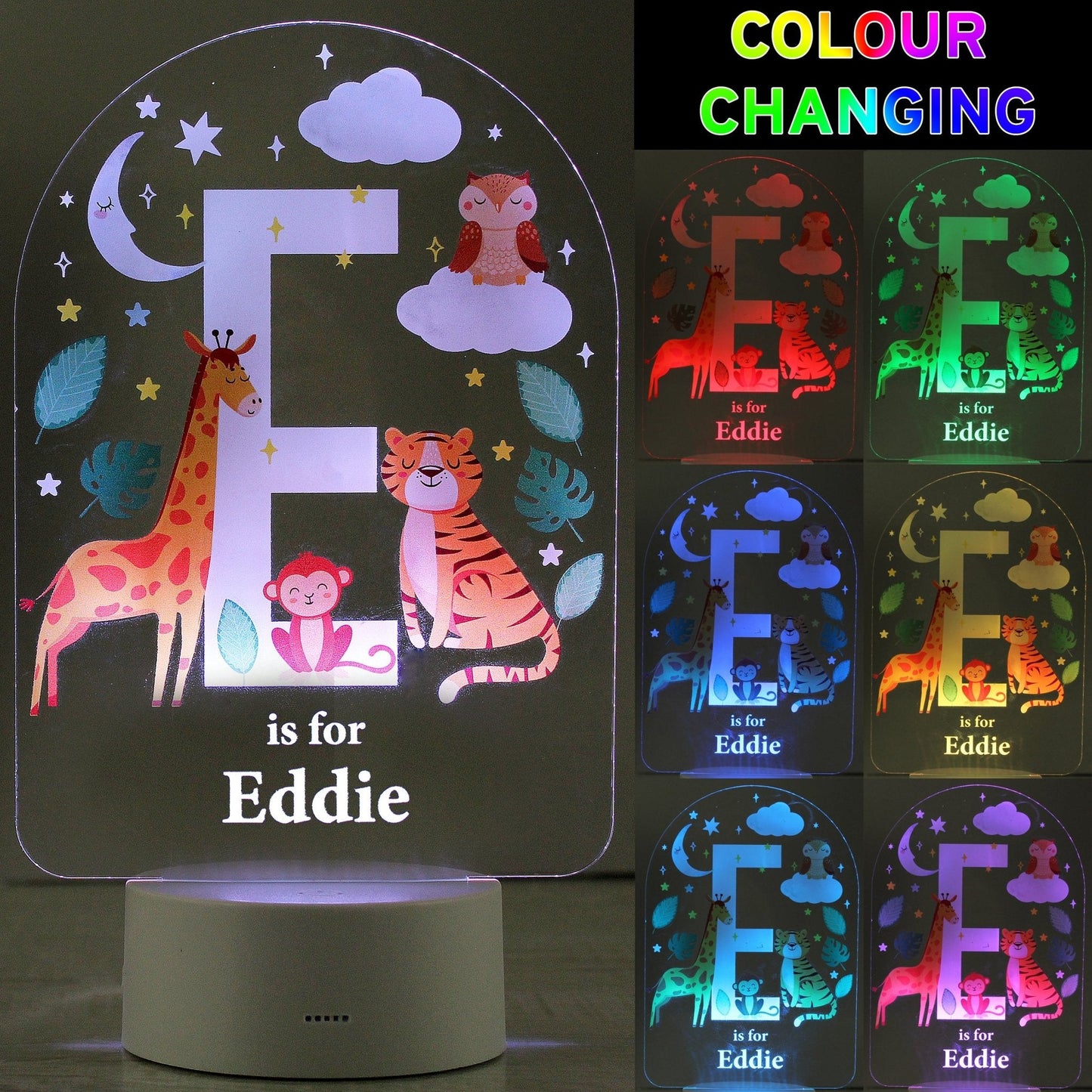 Personalised LED 7 Colour Changing Animal Alphabet Night Light