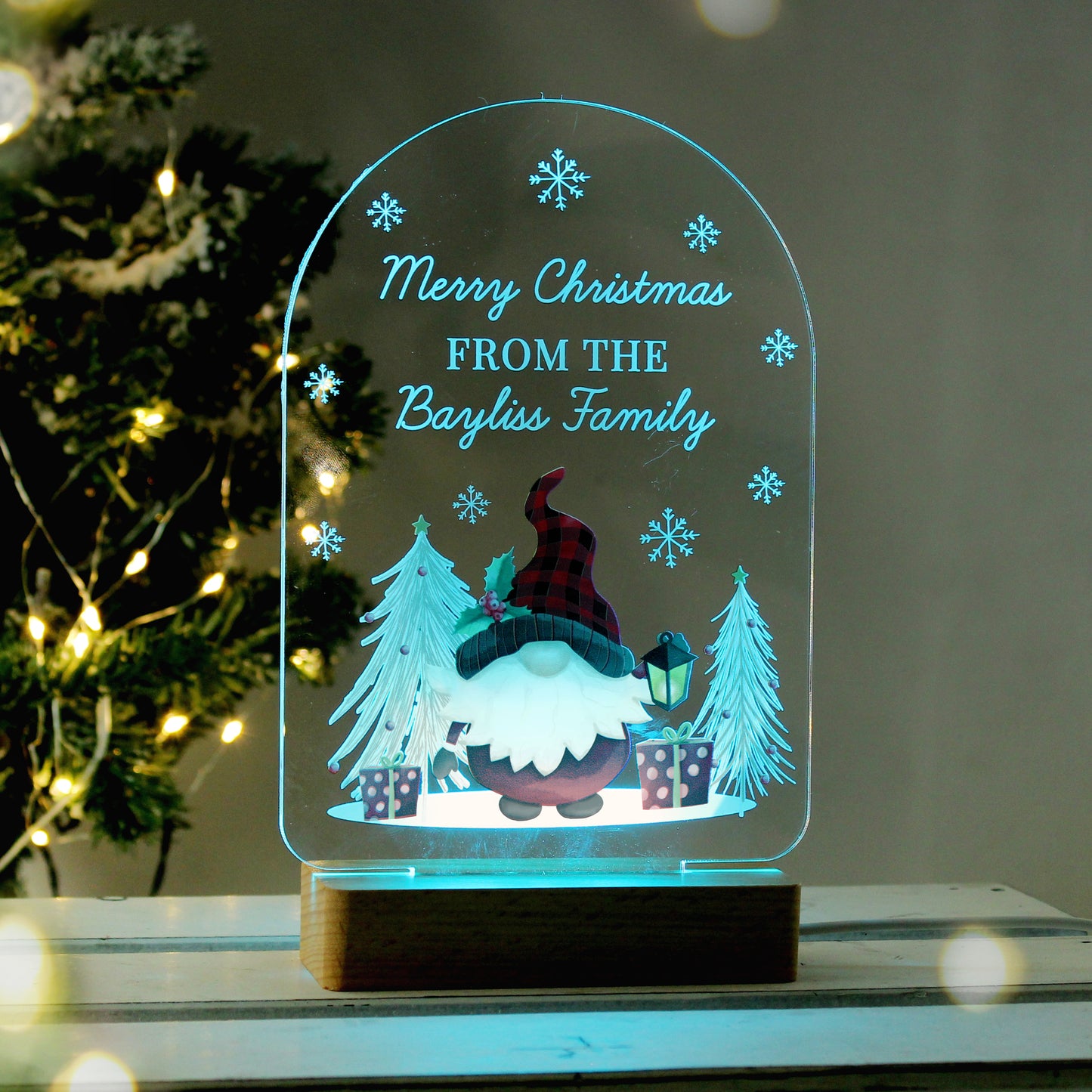Personalised LED 7 Colour Changing Gonk Wooden Based Christmas Light