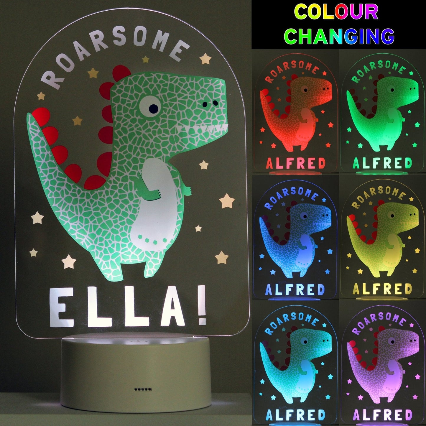 Personalised LED 7 Colour Changing Roarsome Dinosaur Night Light