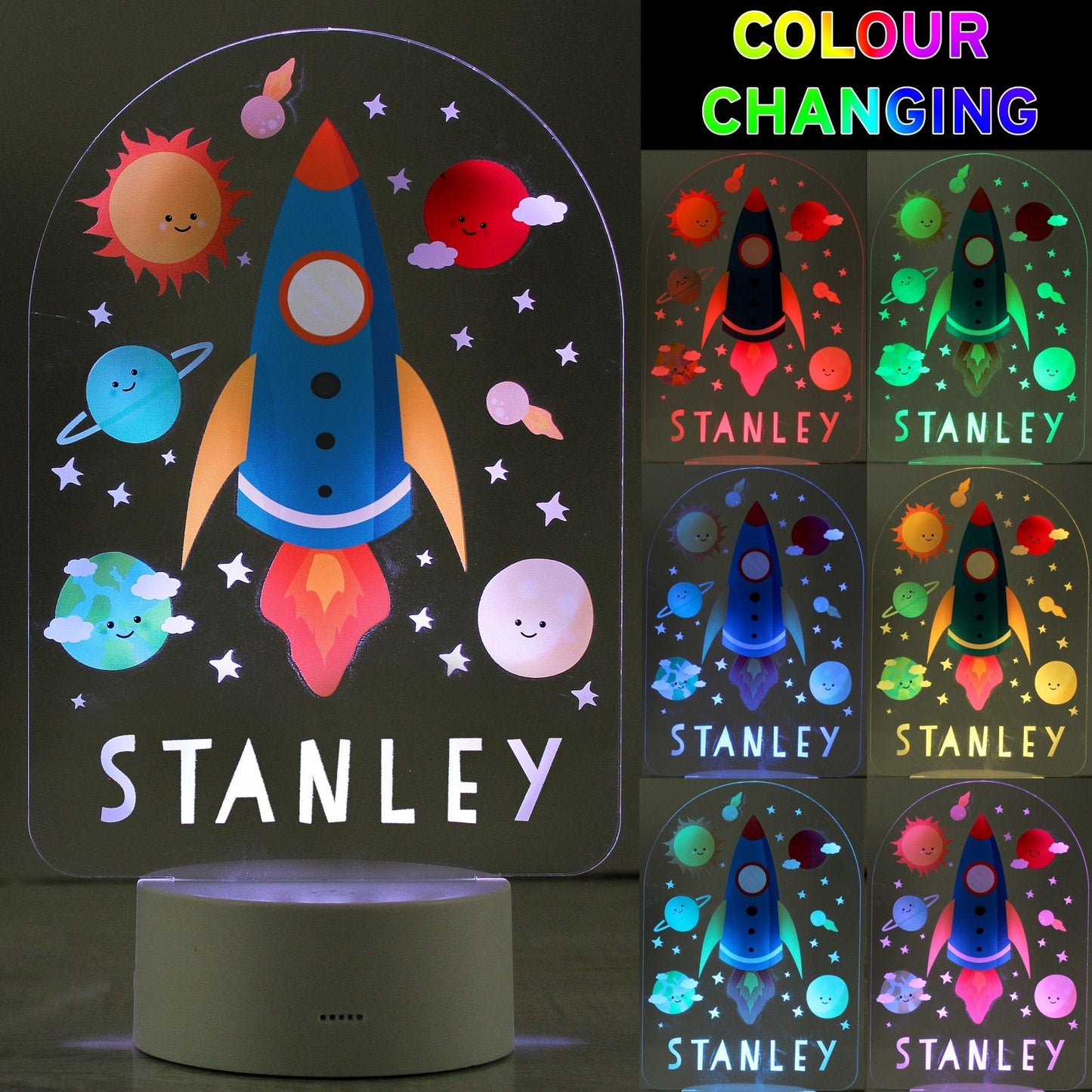 Personalised LED 7 Colour Changing Space Rocket Night Light