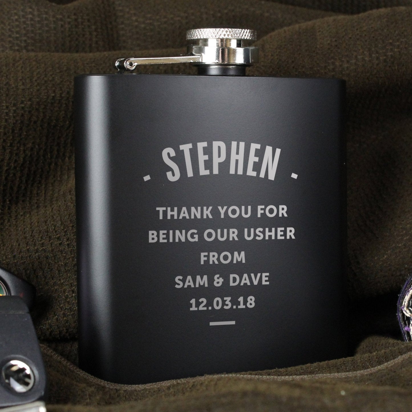 Personalised Message Black 6oz Hip Flask with Gift Box
