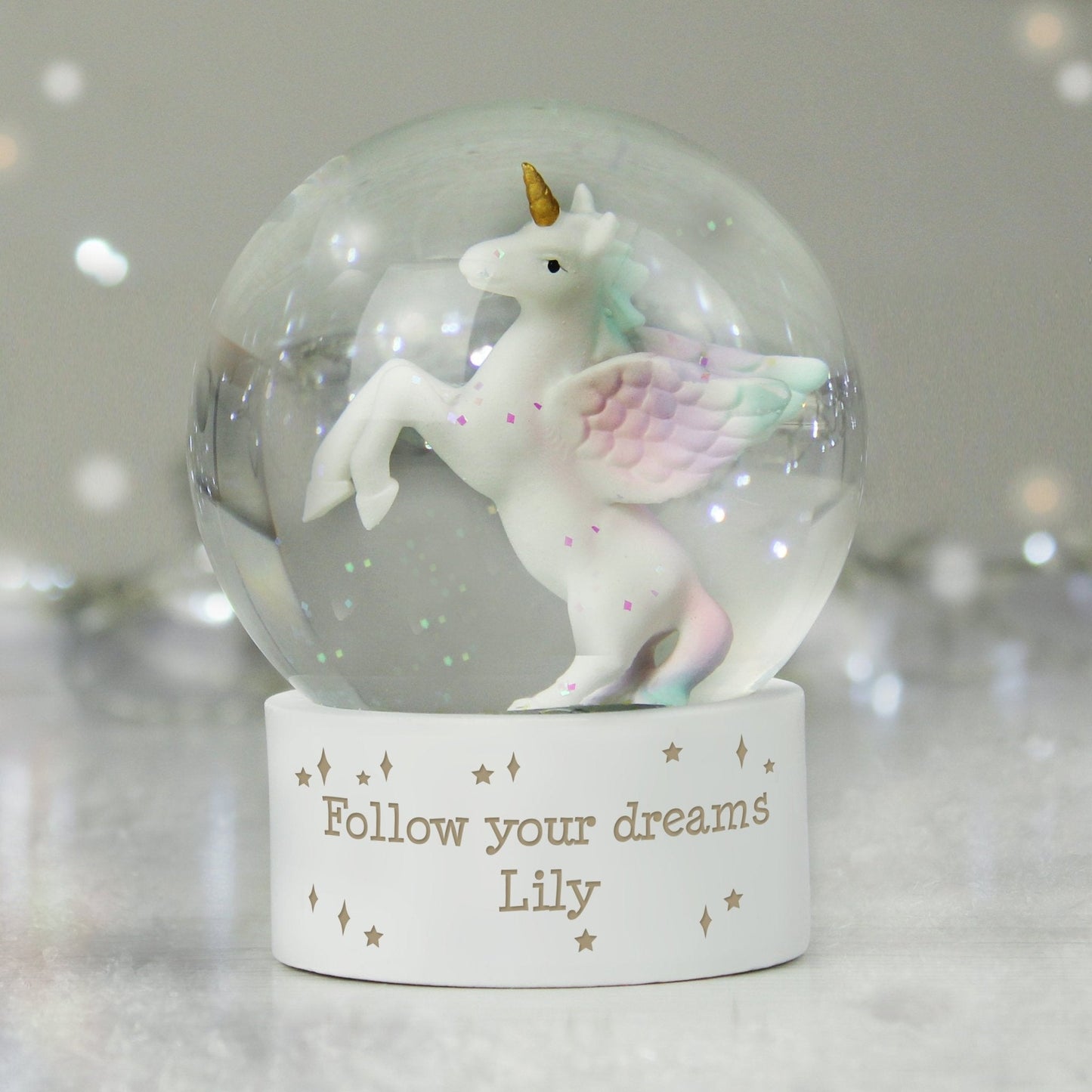 Personalised Message White Unicorn Snow Globe - Water Ball